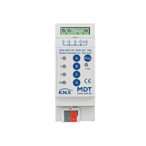 MDT KNX Actuador de conmutación AKK 4 salidas, 16 A, 230 V AC, 70 µF, 10 ECG, compact, Fan coil