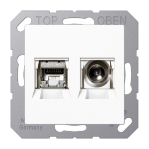 JUNG Serie A — Toma Smart TV RJ45 Cat6A + antena IEC — Blanco Alpino