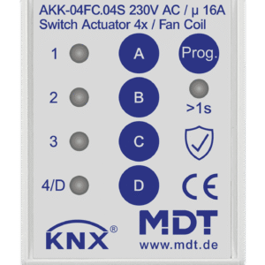 MDT Actuador de conmutación de 4 canales KNX, 2SU DIN, 16 A, 230 V CA, compacto, 70 µF, 10 balastos, fan coil