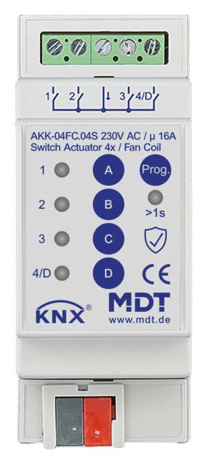 MDT Actuador de conmutación de 4 fases KNX, 2SU DIN, 16 A, 230 V CA, compacto, 70 µF, 10 balastos, fan coil