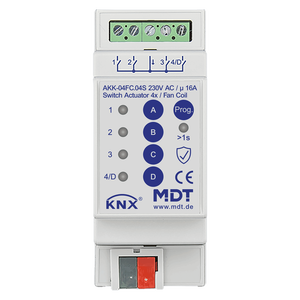 MDT Actuador de conmutación de 4 canales KNX, 2SU DIN, 16 A, 230 V CA, compacto, 70 µF, 10 balastos, fan coil