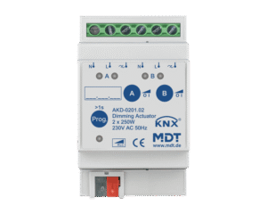MDT KNX Actuador dimmer 2 canales, 250W, 230V AC, montaje en carril Din, 3 módulos, con medición de potencia activa