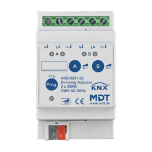 MDT KNX Actuador dimmer 2 canales, 250W, 230V AC, montaje en carril Din, 3 módulos, con medición de potencia activa