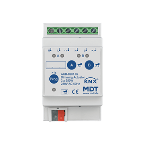 MDT KNX Actuador dimmer 2 canales, 250W, 230V AC, montaje en carril Din, 3 módulos, con medición de potencia activa