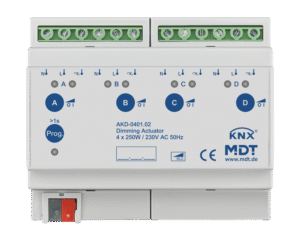 MDT KNX Actuador dimmer 4 canales, 250W, 230V AC, montaje en carril Din, 6 módulos, con medición de potencia activa