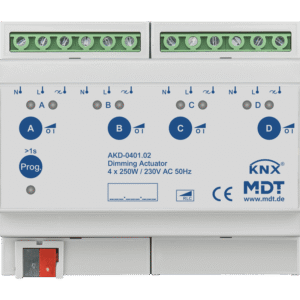 MDT KNX Actuador dimmer 4 canales, 250W, 230V AC, montaje en carril Din, 6 módulos, con medición de potencia activa