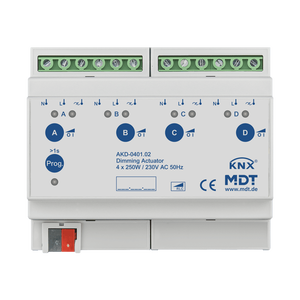 MDT KNX Actuador dimmer 4 canales, 250W, 230V AC, montaje en carril Din, 6 módulos, con medición de potencia activa