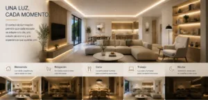 Espacio interior moderno con iluminación cálida, luz indirecta, ambiente elegante y control de iluminación arquitectónica.