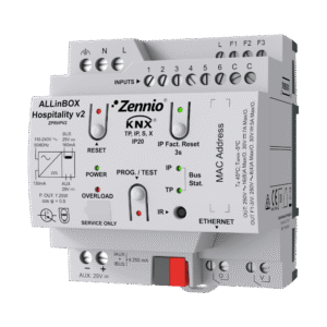 Zennio ALLinBOX Hospitality v2. Dispositivo multifunción con fuente de alimentación KNX, interfaz KNX-IP, controlador fan coil 2 tubos y 6 entradas a/d